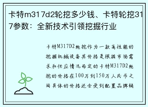 卡特m317d2轮挖多少钱、卡特轮挖317参数：全新技术引领挖掘行业