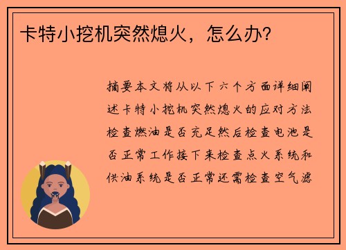 卡特小挖机突然熄火，怎么办？