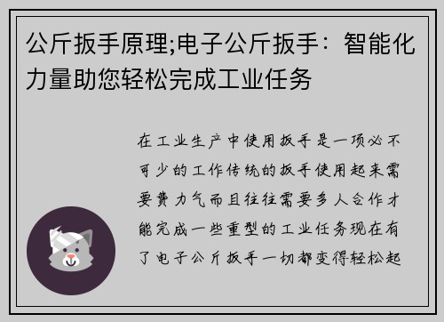 公斤扳手原理;电子公斤扳手：智能化力量助您轻松完成工业任务